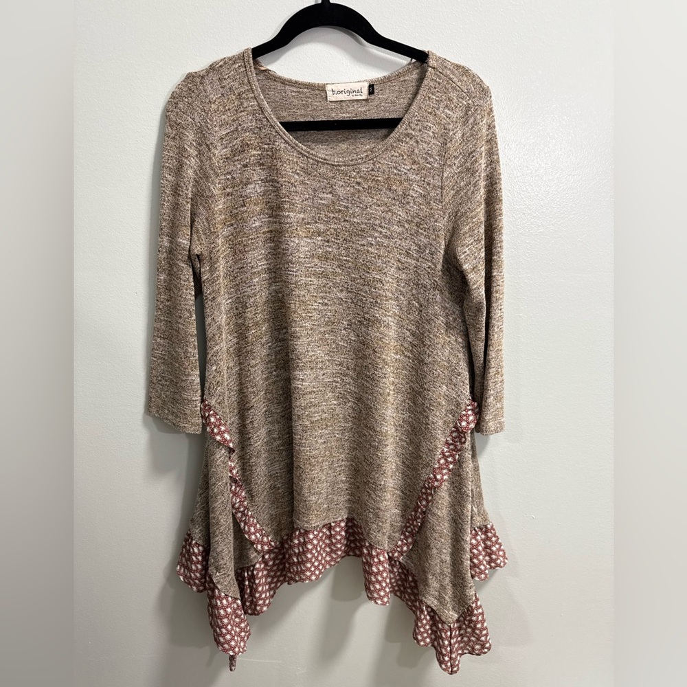 B.Original by Shoe Fly‎ Brown Marl Knit Ruffle Sharkbite Hem Tunic Top Medium